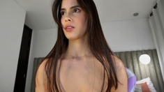 Sexy Brunette Babe Spreads Legs And Masturbates Shaven Twat