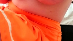 Busty curly brunette with big boobs fucks on couch