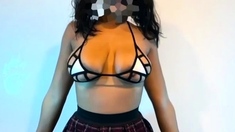 Sexy brunette wearing stockings masturbates webcam