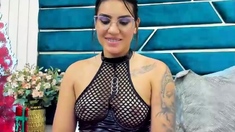 Busty curly brunette with big boobs fucks on couch