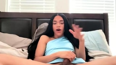 Chubby Big Tits Shemale Jerking Her Big Cock