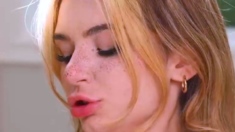 Blonde dame gives her tatted stepdad a deep blowjob on
